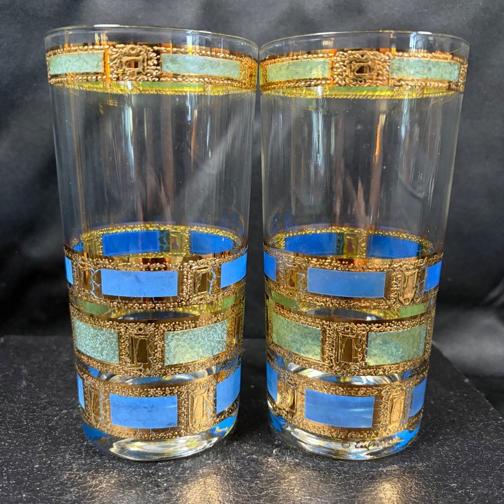 Culver Empress Highball Glasses 22k Gold Blue Green Set of 2 Vintage MCM